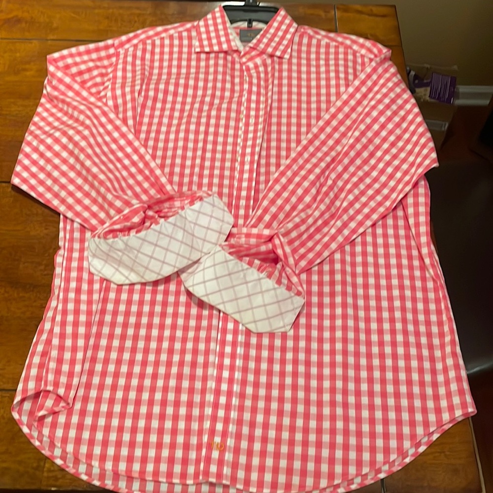 Sport shirt, XL, soft fabric, pink gingham print, spread collar. contrast cuff
